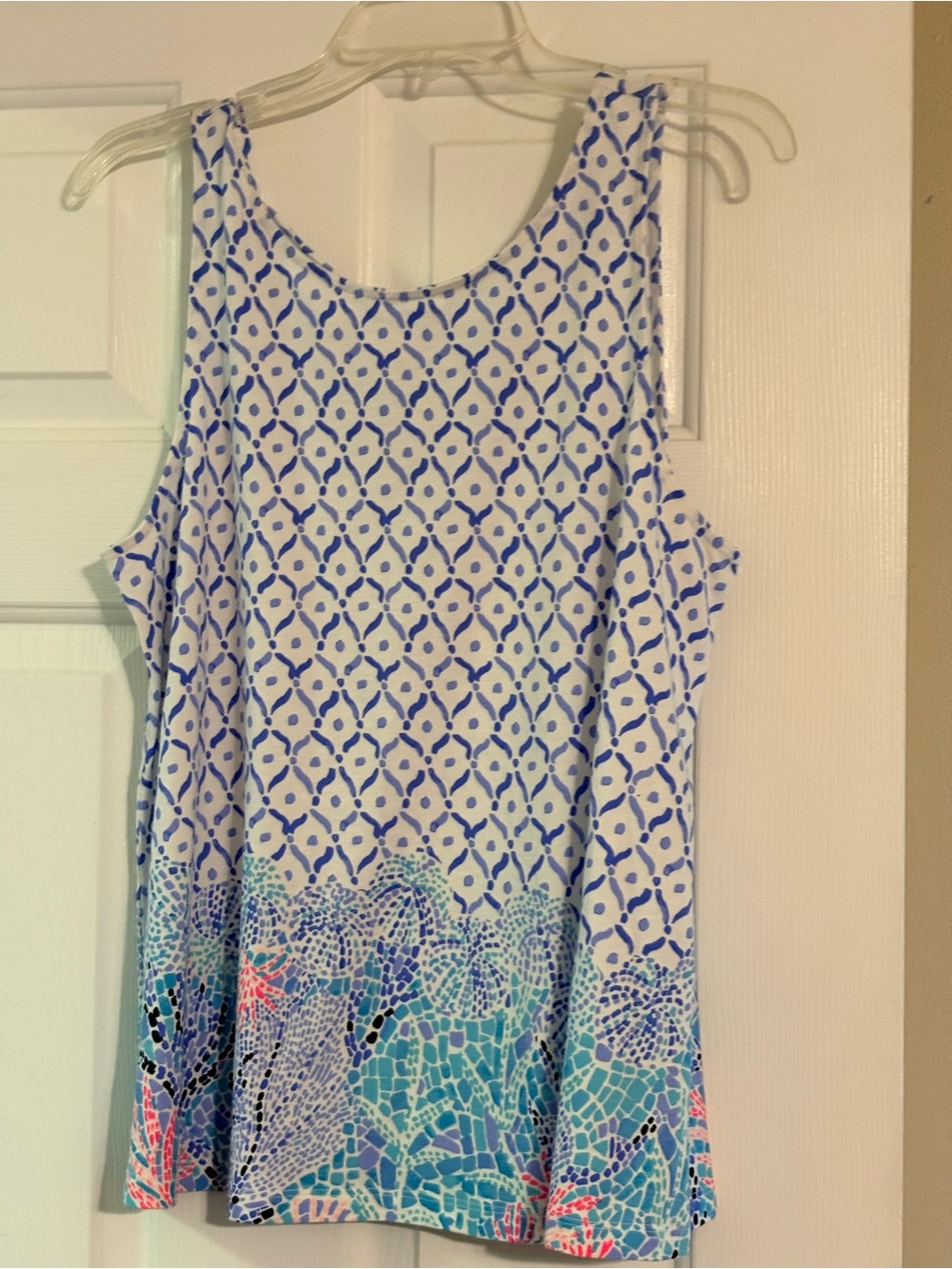 Lilly Pulitzer White Tank Top with Blue and Turquoise Mosaic Border